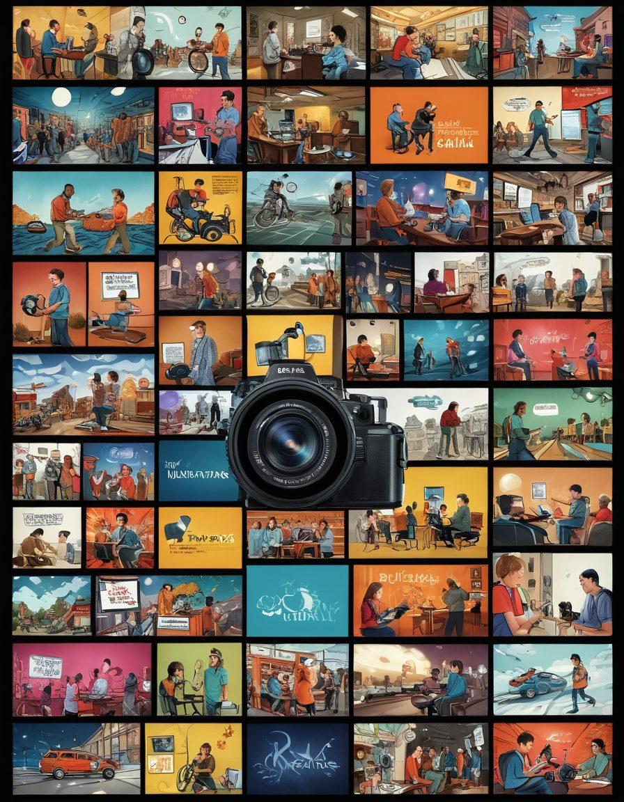 A dynamic collage representing visual storytelling, featuring a filmmaker capturing vibrant scenes, an animated storyboard, and a digital video editing interface. Elements like cameras, graphics, and colorful video production tools create a lively atmosphere. Include text bubbles showcasing video ideas and examples of viral content. Artistic lighting adds depth, symbolizing creativity and inspiration. vibrant colors. super-realistic.