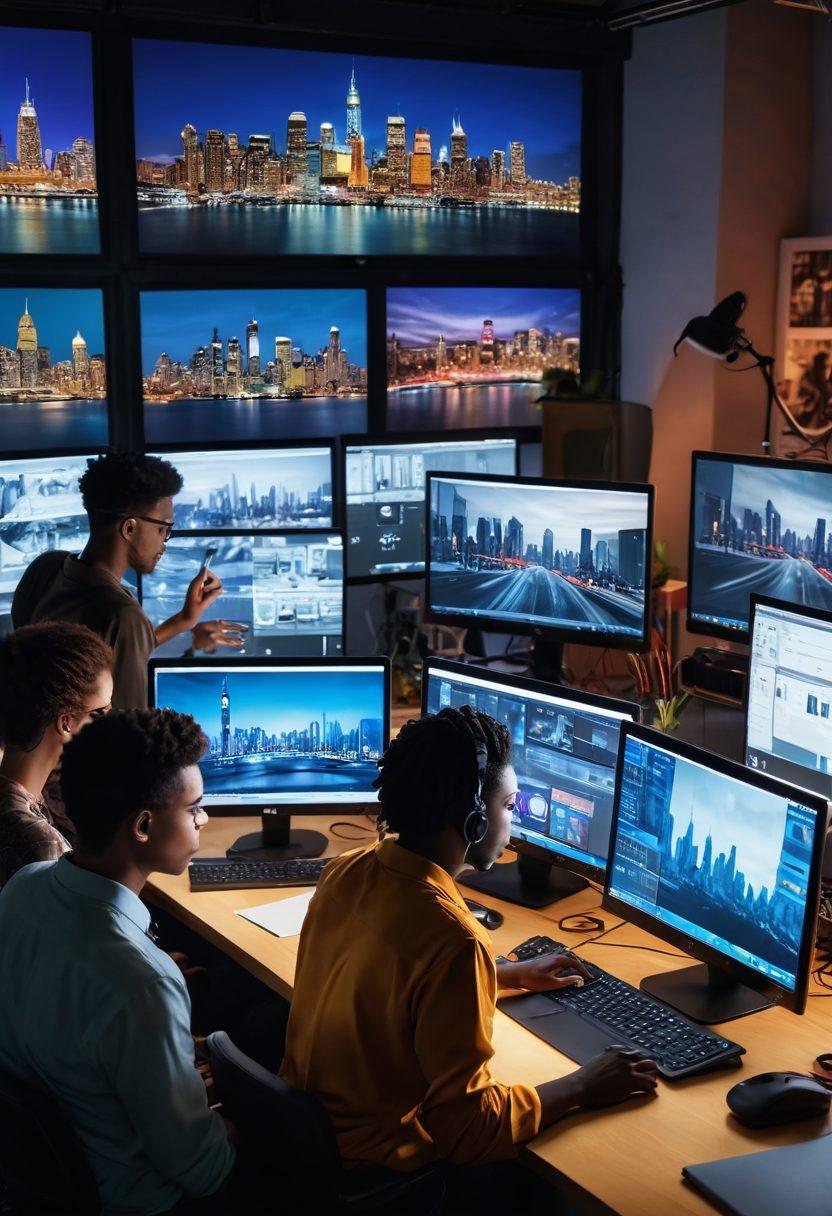 A dynamic scene depicting a video production set, featuring a diverse team of creative professionals collaborating on a film project. Include elements like cameras, lights, and monitors, along with storyboards and a laptop showing video editing software. Vibrant colors enhance the atmosphere of creativity and teamwork, with a backdrop of a city skyline to signify modern platforms. super-realistic. vibrant colors. studio lighting.
